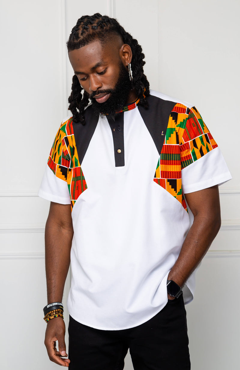 African Print Polo Shirt for Men | Kente Shirt for Men - Short Sleeve Asymmetric Shirt - KENDRICK