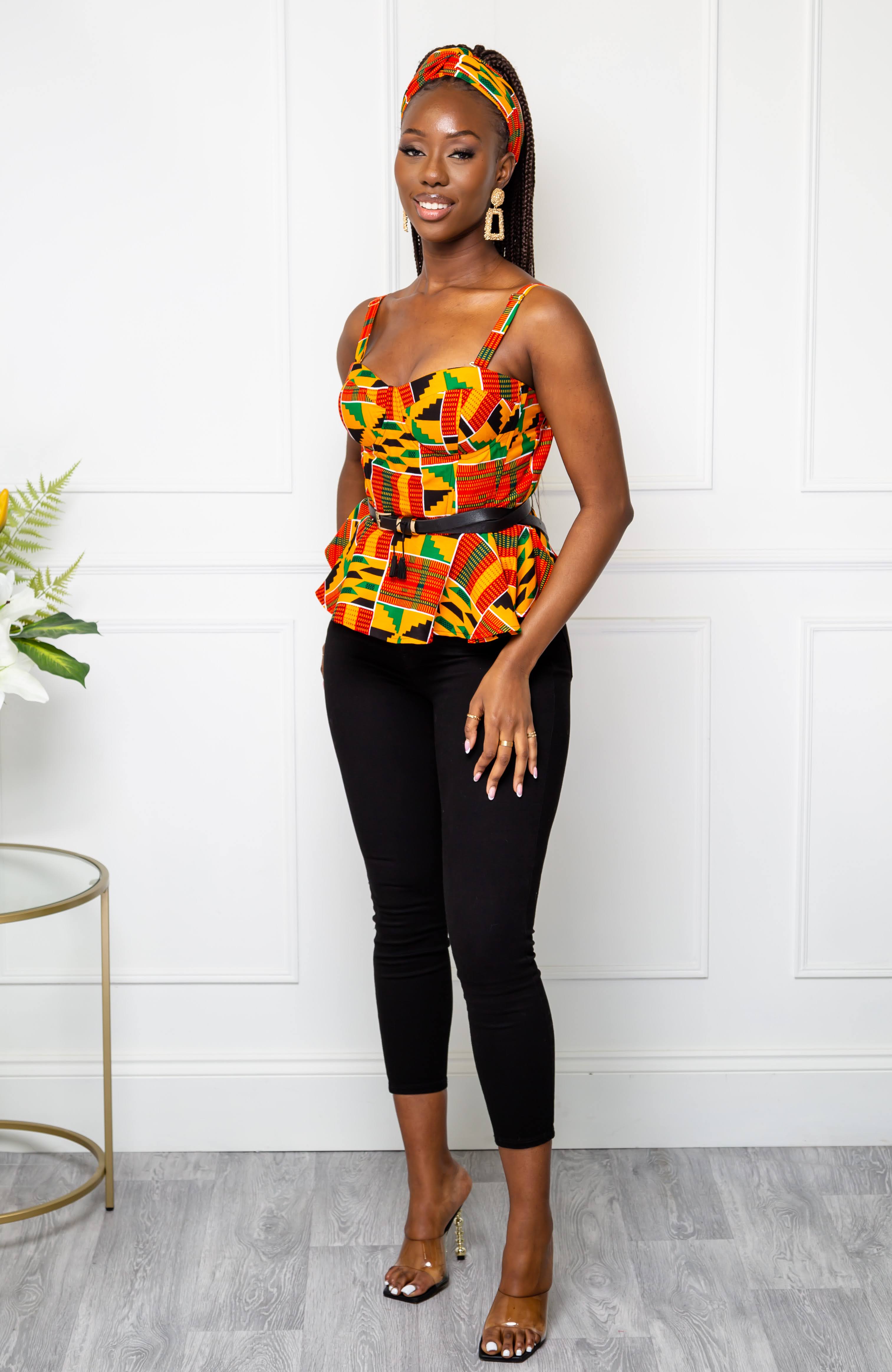 Kente Corset Peplum Orange Blouse African Print Sleeveless KENYA