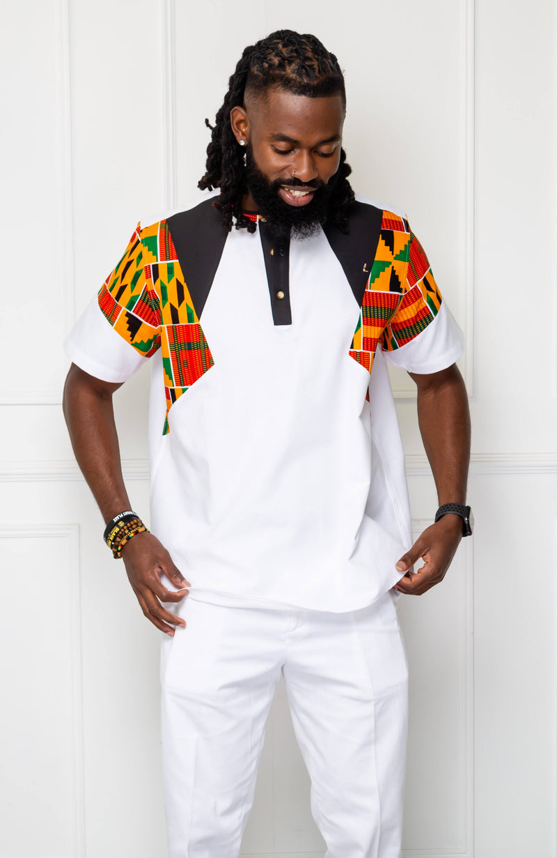 African Print Polo Shirt for Men | Kente Shirt for Men - Short Sleeve Asymmetric Shirt - KENDRICK