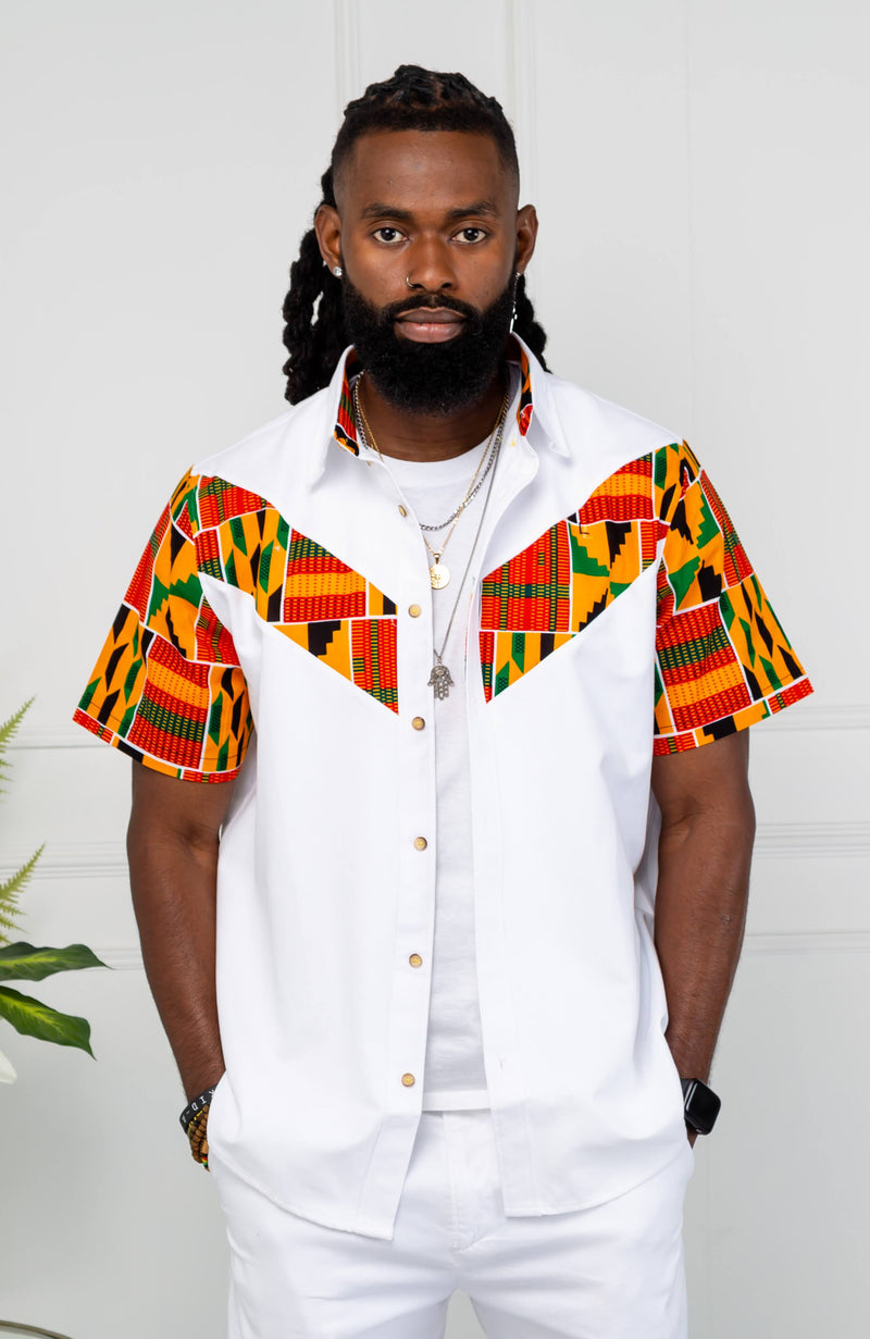 African Print V-Shaped Shirt for Men | Short Sleeve Ankara Shirt - KENDRICK