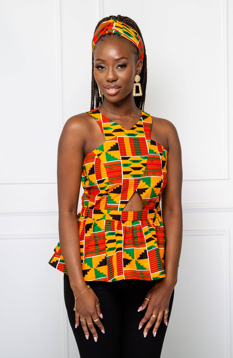 Traditional Kente Crossfront African Print Peplum Top - KENYA