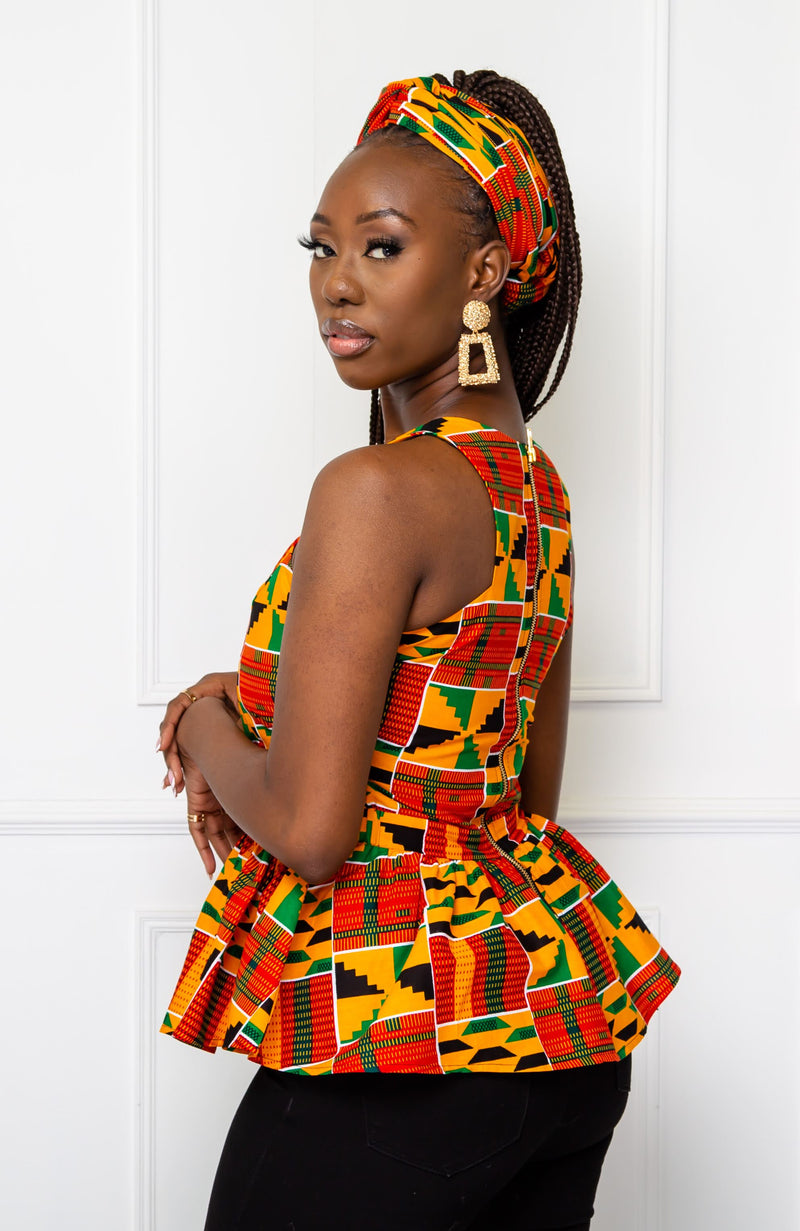 Traditional Kente Crossfront African Print Peplum Top - KENYA