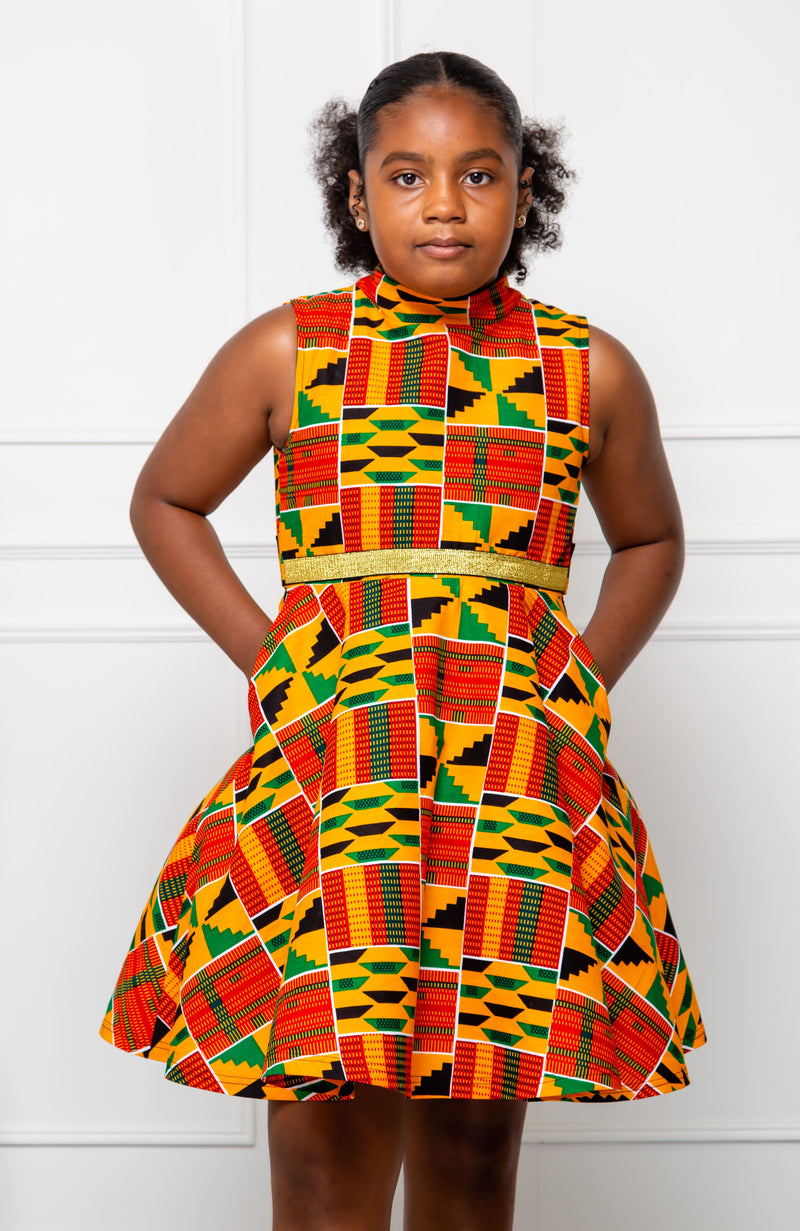 Little Girl's Party Dress | African Print High Neck Midi Dress - KENYA