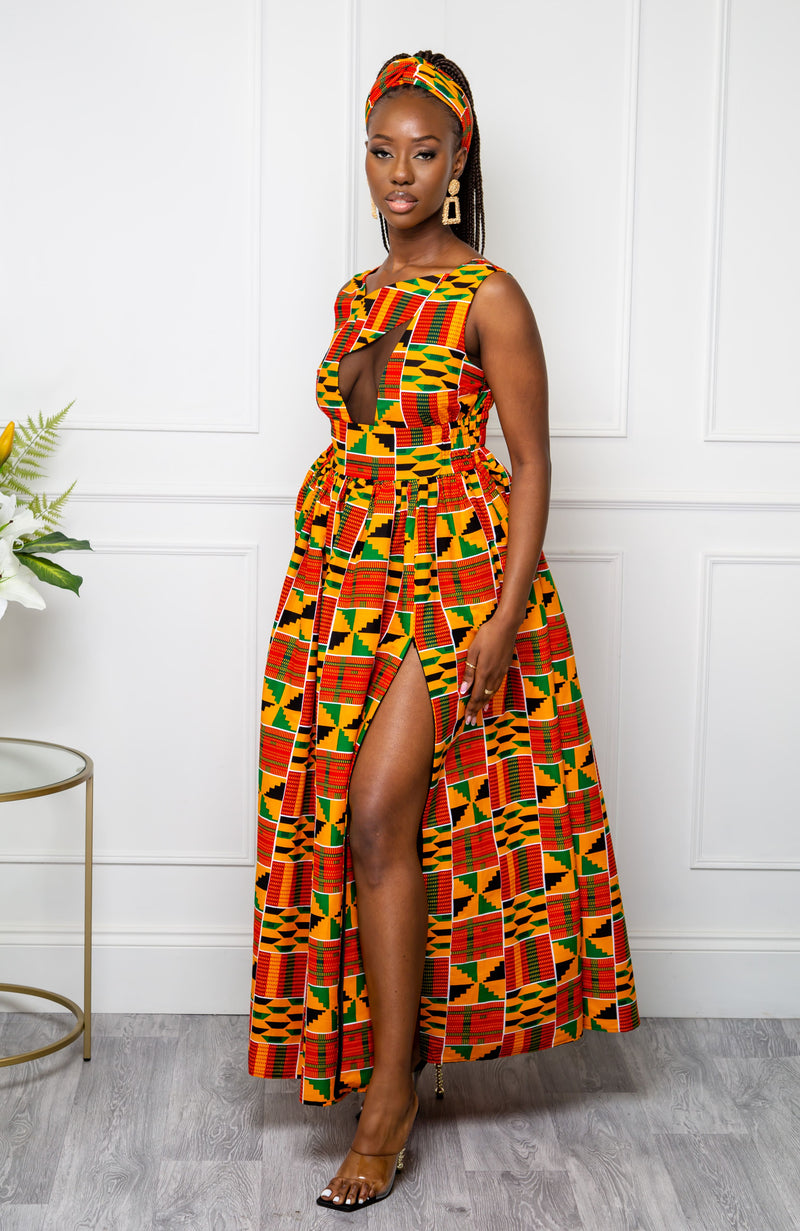 African Print Front Mesh Panel Sleeveless Maxi Dress - KENYA