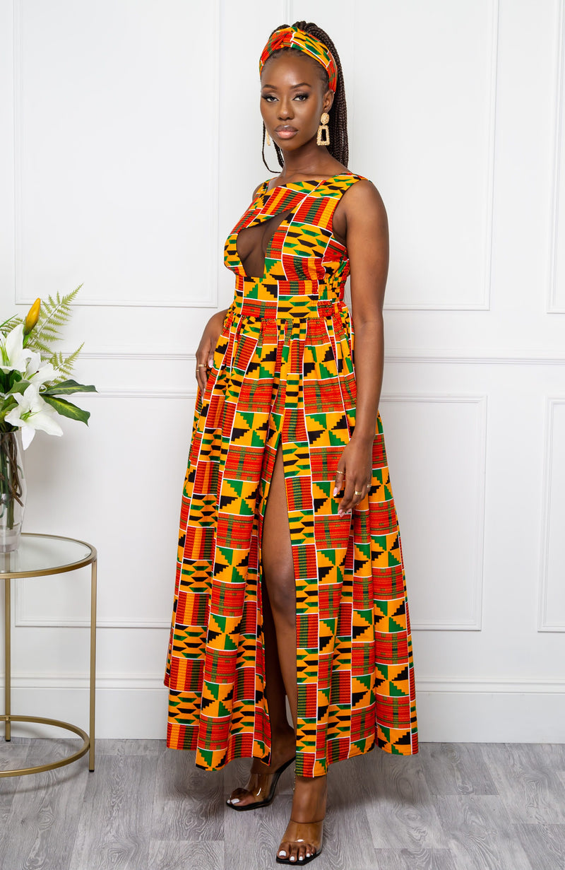 African Print Front Mesh Panel Sleeveless Maxi Dress - KENYA