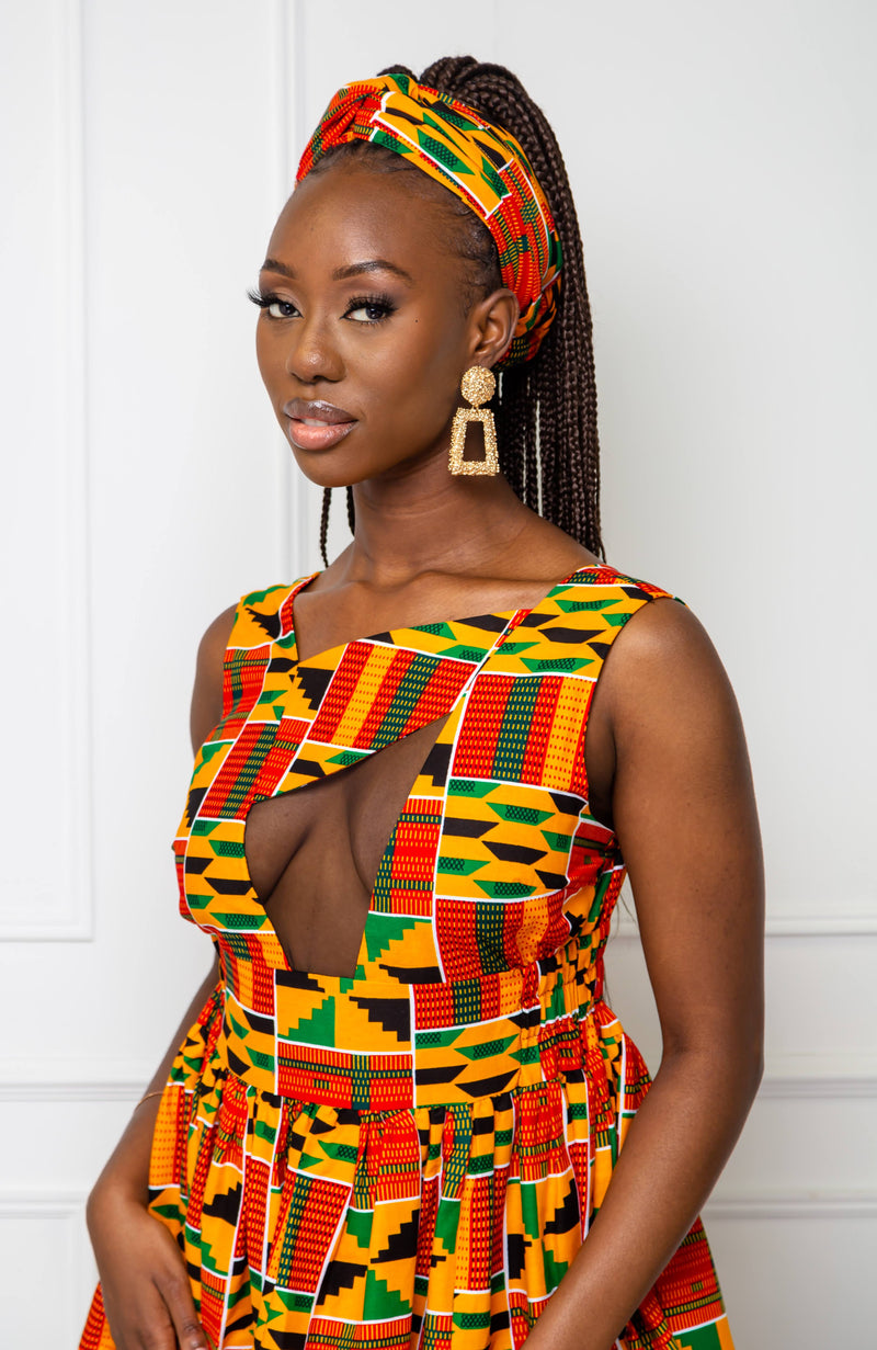 African Print Front Mesh Panel Sleeveless Maxi Dress - KENYA