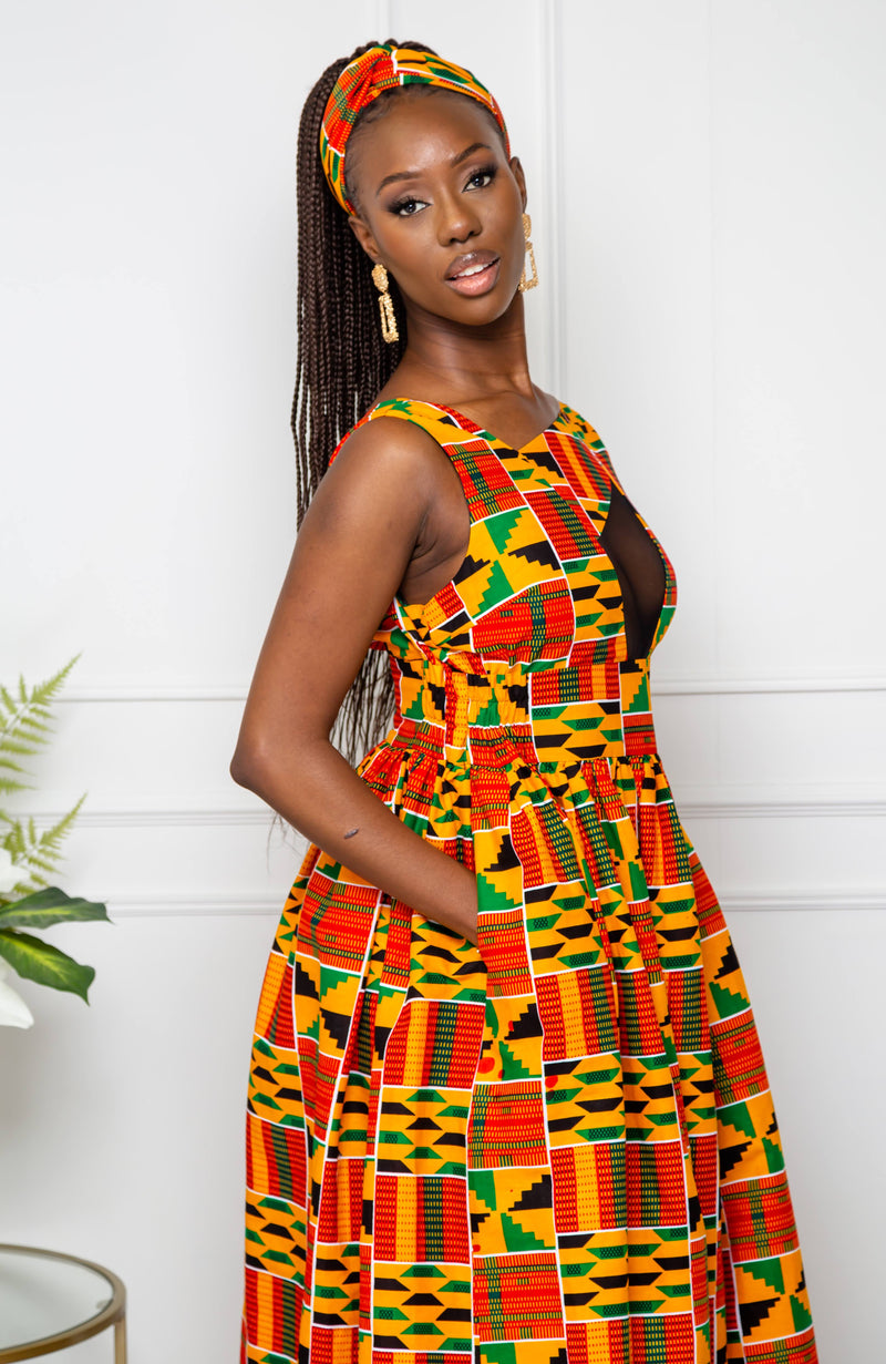 African Print Front Mesh Panel Sleeveless Maxi Dress - KENYA