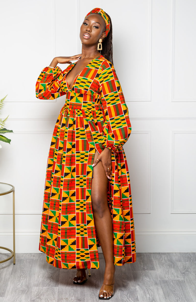 Low Neck Deep V Long Sleeve | African Maxi Dress - KENYA LAVIYE Low Neck Deep V Long Sleeve | African Maxi Dress - KENYA LAVIYE