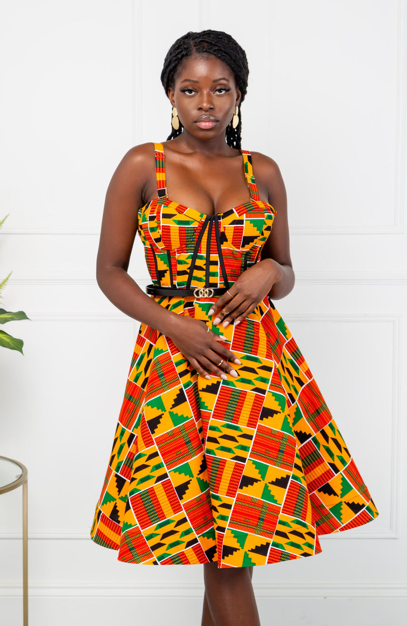 Kente African Print Fit & Flare Corset Midi Dress - KENYA