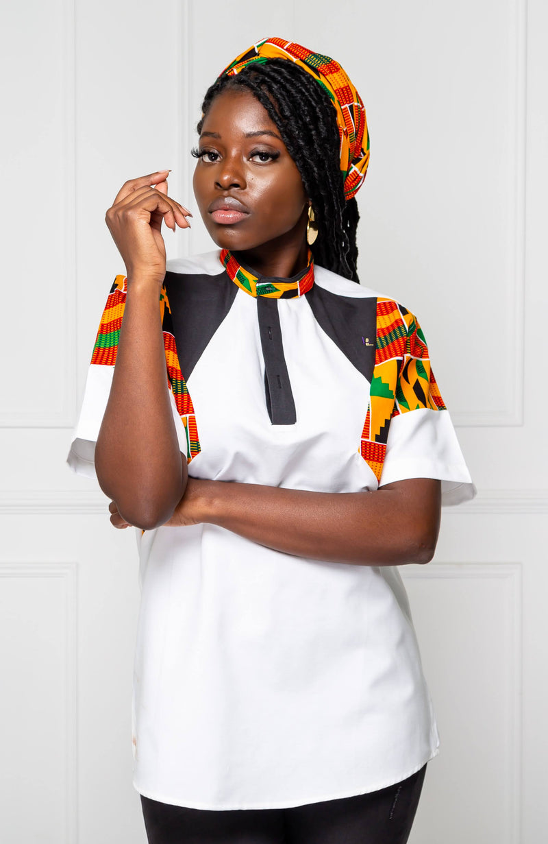 African Print Polo Shirt for Women | Unisex Kente Shirt - Short Sleeve Asymmetric Shirt - KENYA