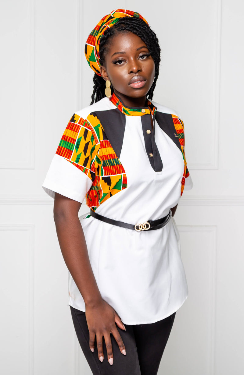 African Print Polo Shirt for Women | Unisex Kente Shirt - Short Sleeve Asymmetric Shirt - KENYA