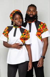 African Print Polo Shirt for Women | Unisex Kente Shirt - Short Sleeve Asymmetric Shirt - KENYA