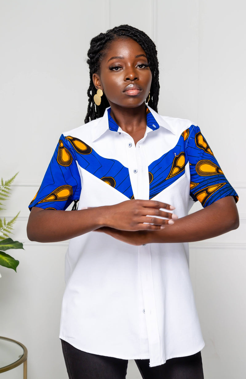 V-Shaped Ankara Shirt for Women | Unisex Short Sleeve African Print Shirt - ELLA