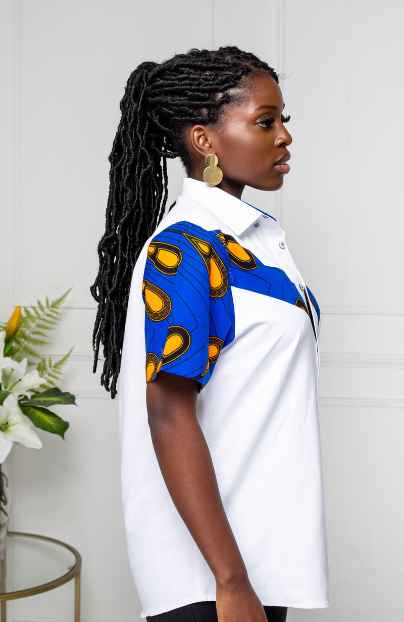 V-Shaped Ankara Shirt for Women | Unisex Short Sleeve African Print Shirt - ELLA