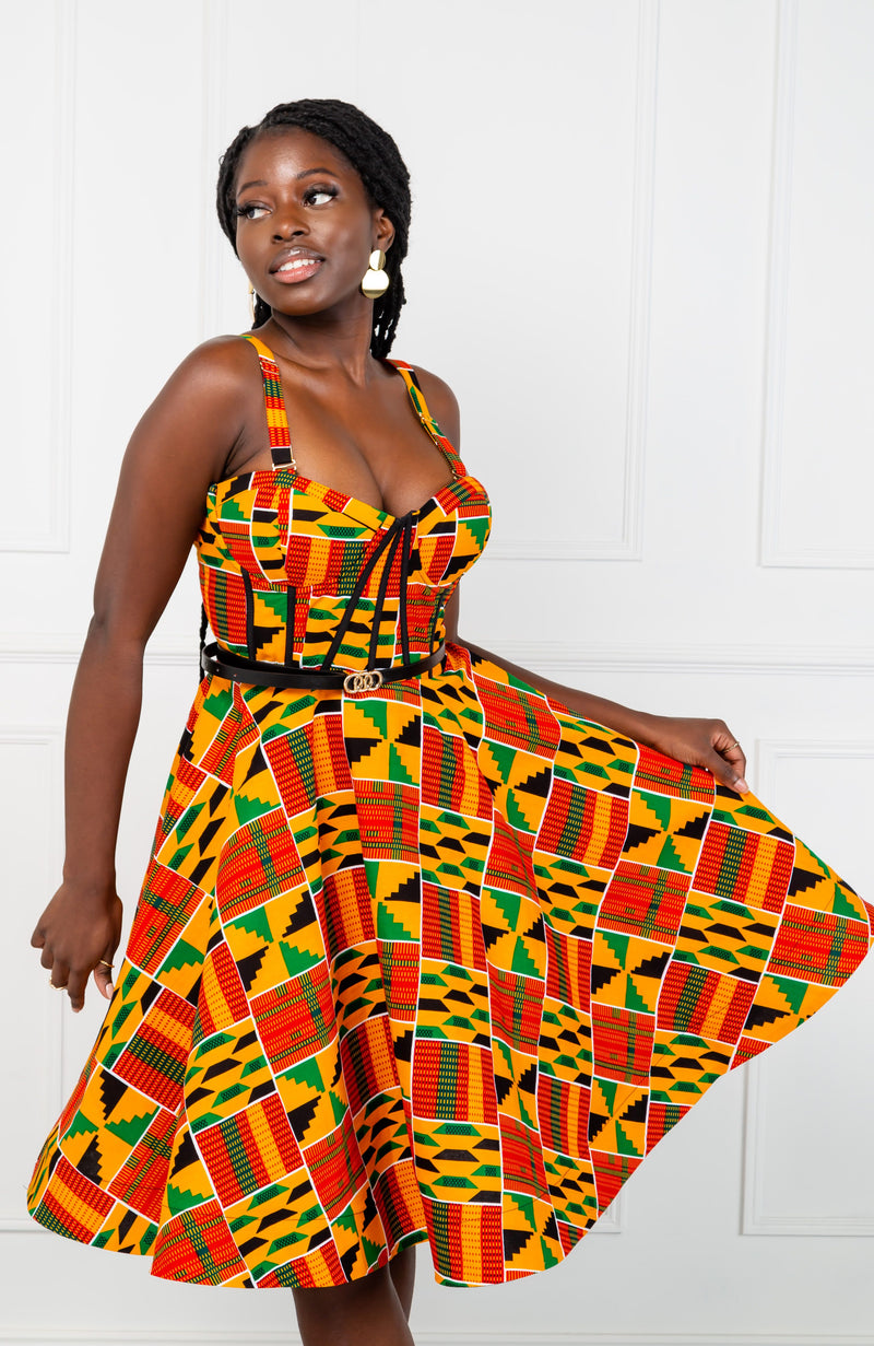 Kente African Print Fit & Flare Corset Midi Dress - KENYA