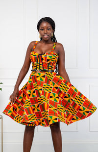 Kente African Print Fit & Flare Corset Midi Dress - KENYA