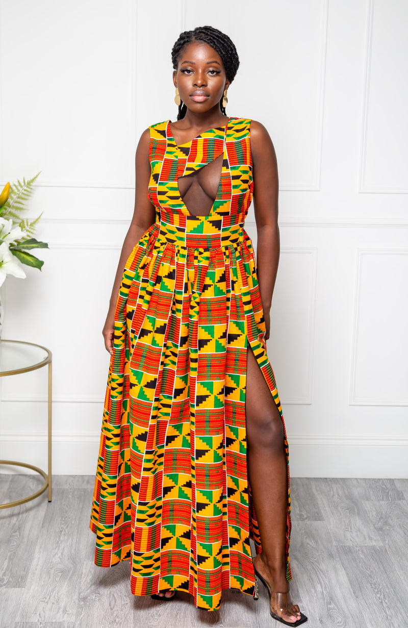 African Print Front Mesh Panel Sleeveless Maxi Dress - KENYA