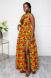 African Print Front Mesh Panel Sleeveless Maxi Dress - KENYA