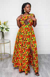 African Print Front Mesh Panel Sleeveless Maxi Dress - KENYA