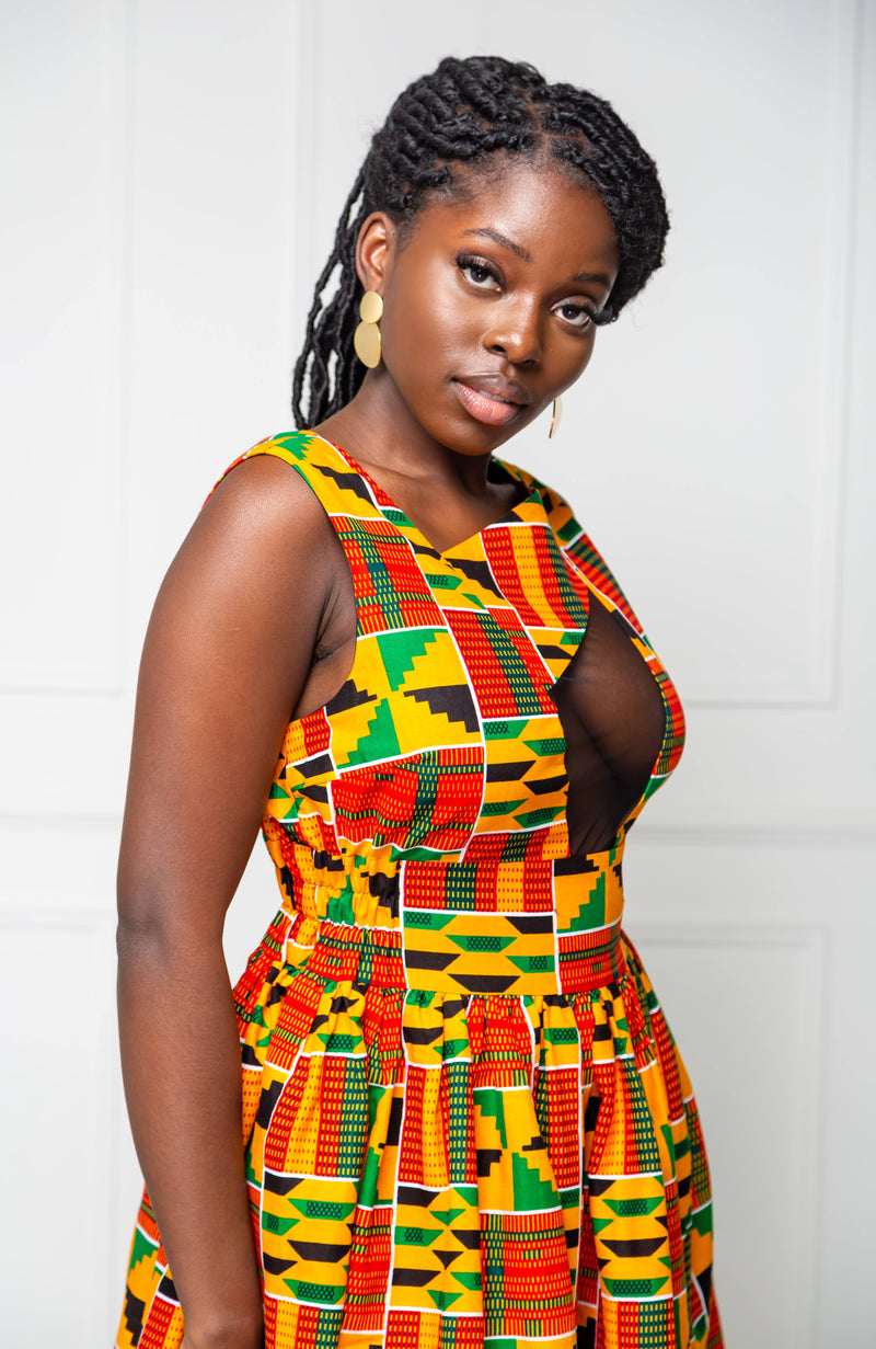 African Print Front Mesh Panel Sleeveless Maxi Dress - KENYA