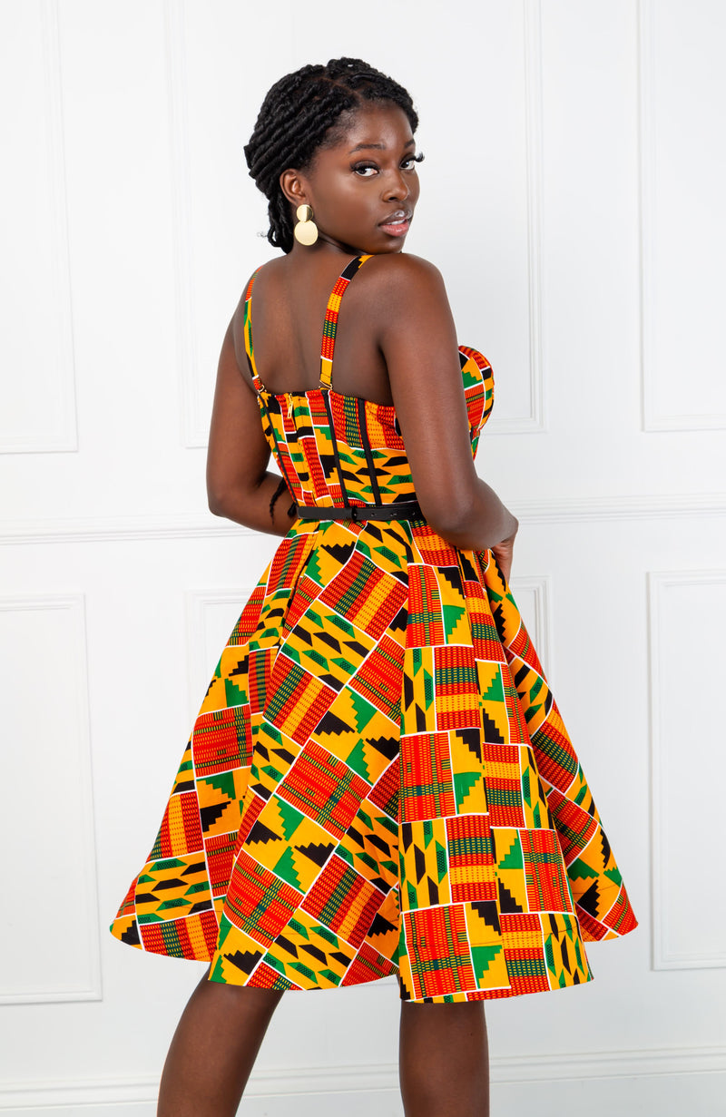 Kente African Print Fit & Flare Corset Midi Dress - KENYA