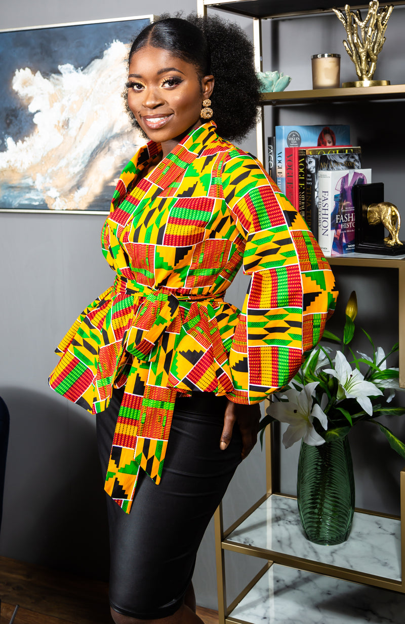 Shawl Collar Peplum Wrap blouse | African Print Tops - KENYA