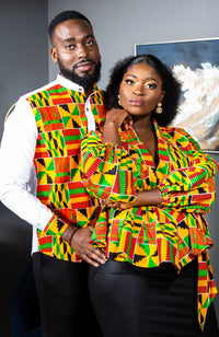 African Attire for Men | Kente Shirt for Men - Grandad Collar Patch Shirt - KENDRICK