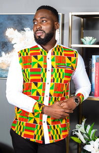 African Attire for Men | Kente Shirt for Men - Grandad Collar Patch Shirt - KENDRICK