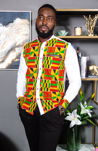 African Attire for Men | Kente Shirt for Men - Grandad Collar Patch Shirt - KENDRICK