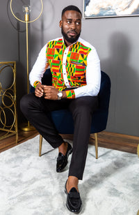 African Attire for Men | Kente Shirt for Men - Grandad Collar Patch Shirt - KENDRICK