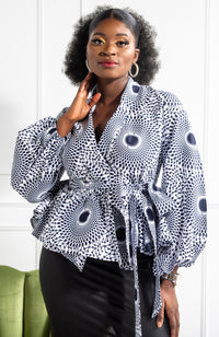 African Print Shawl Collar Peplum Wrap blouse - ALEXANDRA