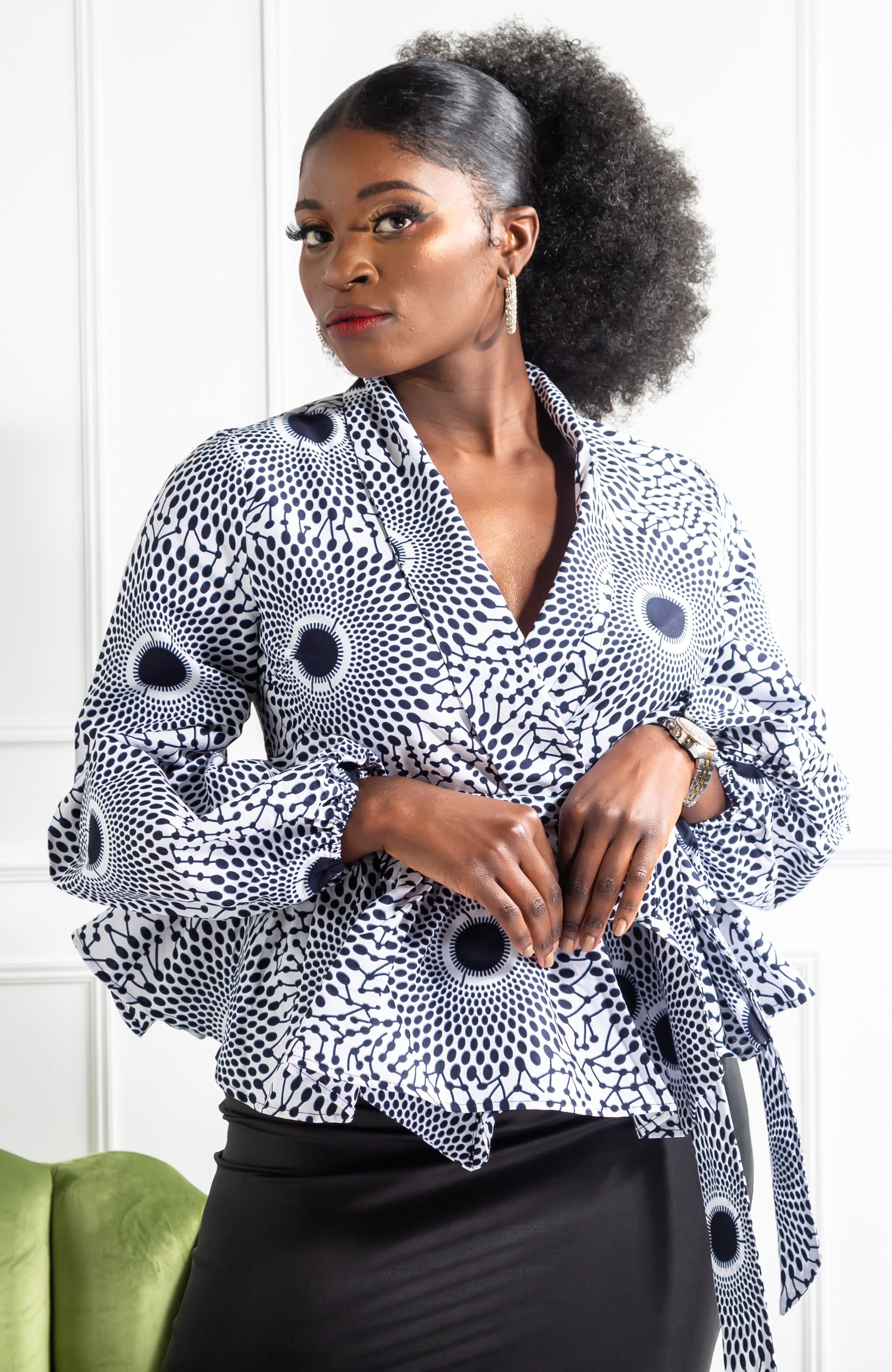 African Print Shawl Collar Peplum Wrap blouse - ALEXANDRA