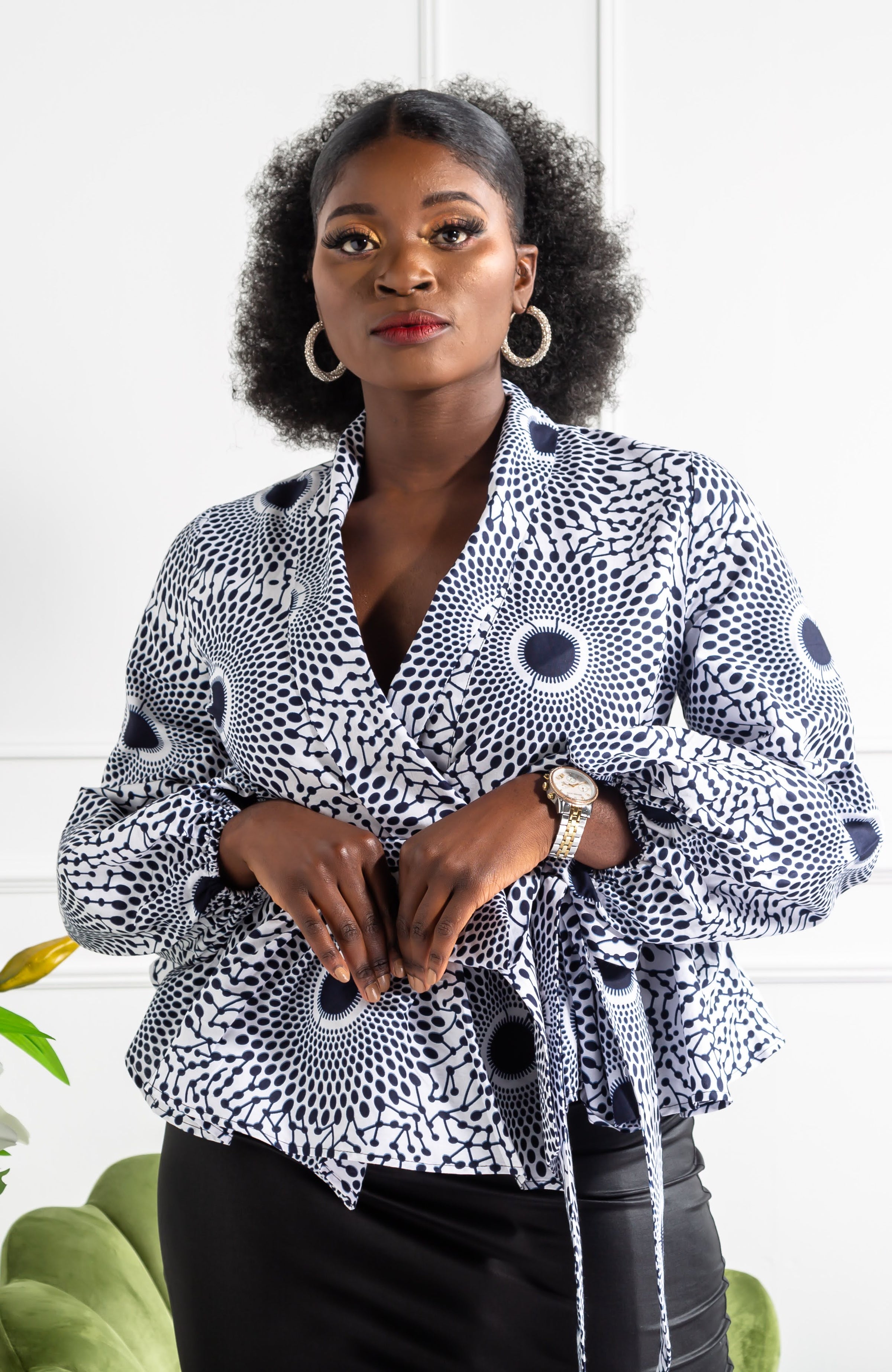 African Print Shawl Collar Peplum Wrap blouse - ALEXANDRA