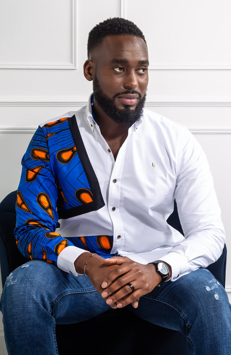 Mens Ankara Shirt | Mens African Shirt - Skinny Fit White Button Down Asymmetrical Shirt - ELIJAH