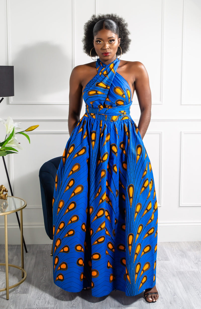 African Print Blue Infinity Multiway Maxi Dress - ELLA