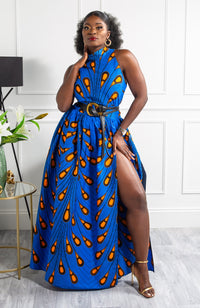 African Print Blue Infinity Multiway Maxi Dress - ELLA