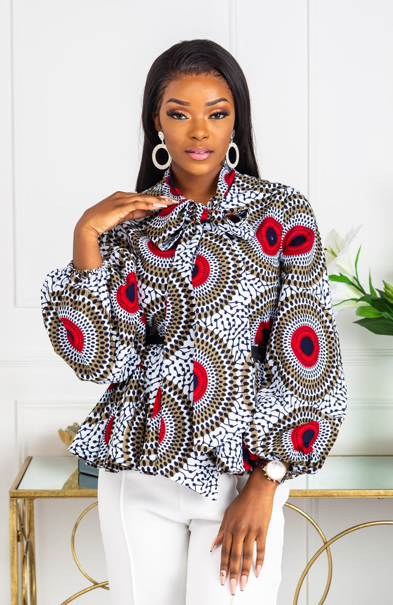 African Print Blouse - Dashiki Pussybow Peplum Top - DEBRA