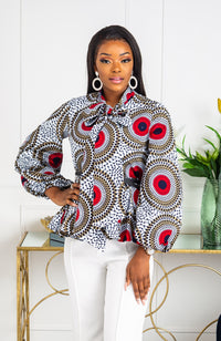 African Print Blouse - Dashiki Pussybow Peplum Top - DEBRA