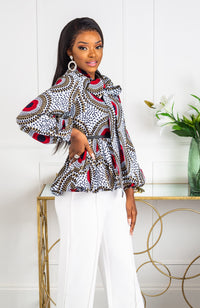 African Print Blouse - Dashiki Pussybow Peplum Top - DEBRA