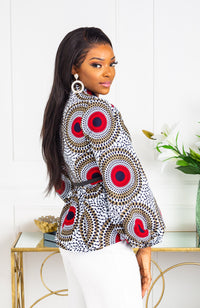 African Print Blouse - Dashiki Pussybow Peplum Top - DEBRA