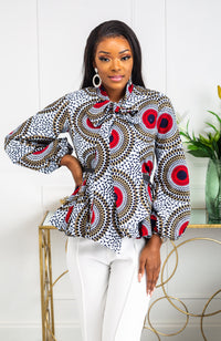 African Print Blouse - Dashiki Pussybow Peplum Top - DEBRA