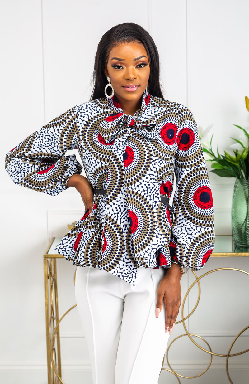 African Print Blouse - Dashiki Pussybow Peplum Top - DEBRA