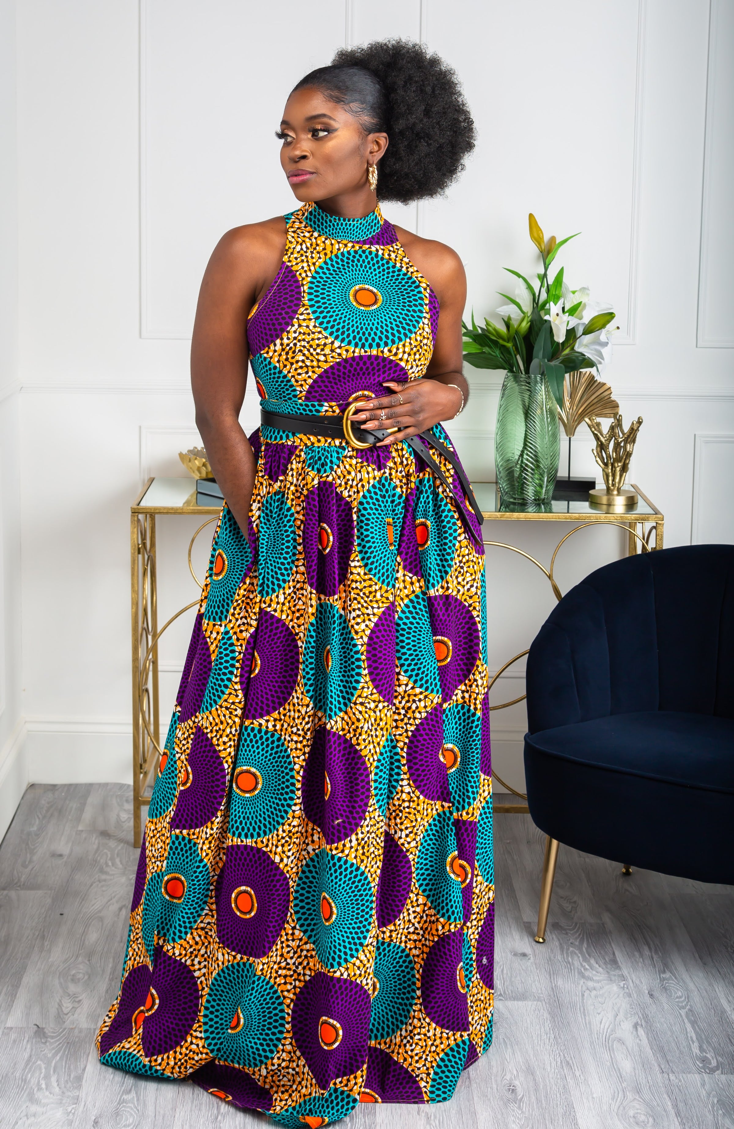 African Sleeveless Long Dress - Turtleneck Dashiki Maxi Dress - PETRA