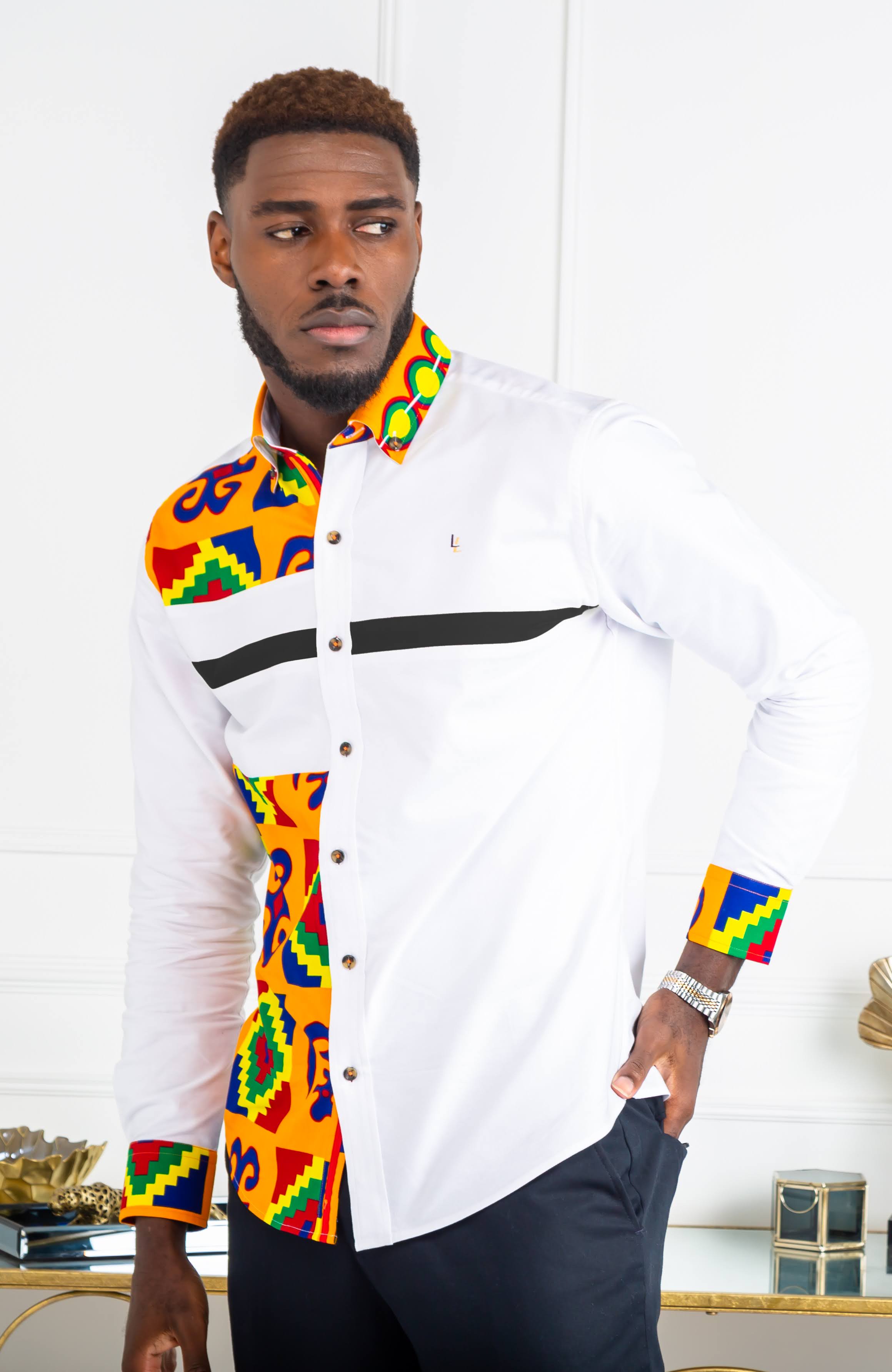 African Styles Clothing | African Mens Fashion - Skinny Fit Strip Button Down Shirt - NATHAN