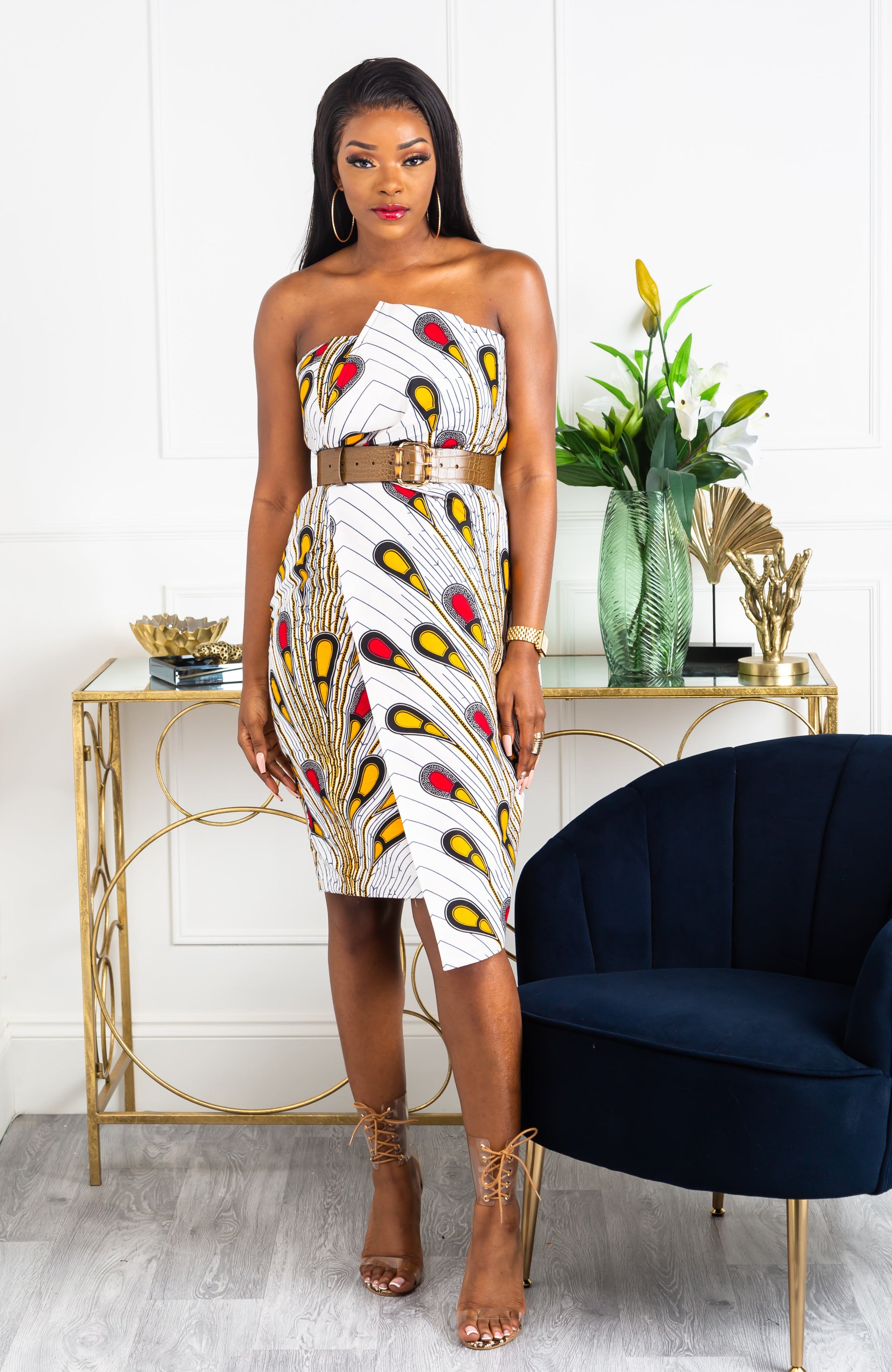 African Print Asymmetric Tube Fold Over Strapless Midi Dress - PAMELA