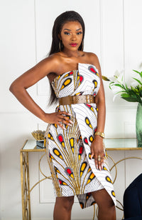 African Print Asymmetric Tube Fold Over Strapless Midi Dress - PAMELA
