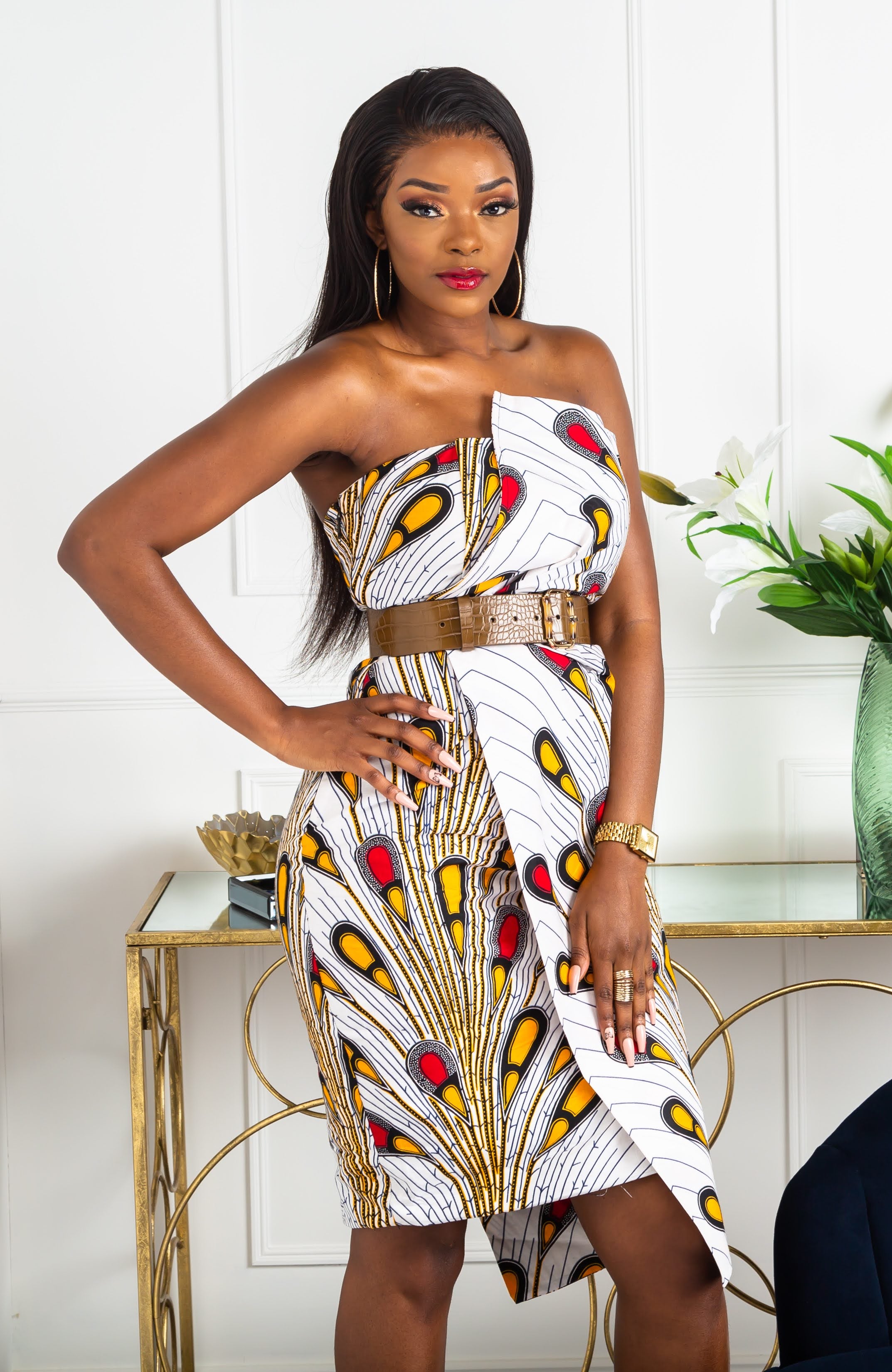 African Print Asymmetric Tube Fold Over Strapless Midi Dress - PAMELA