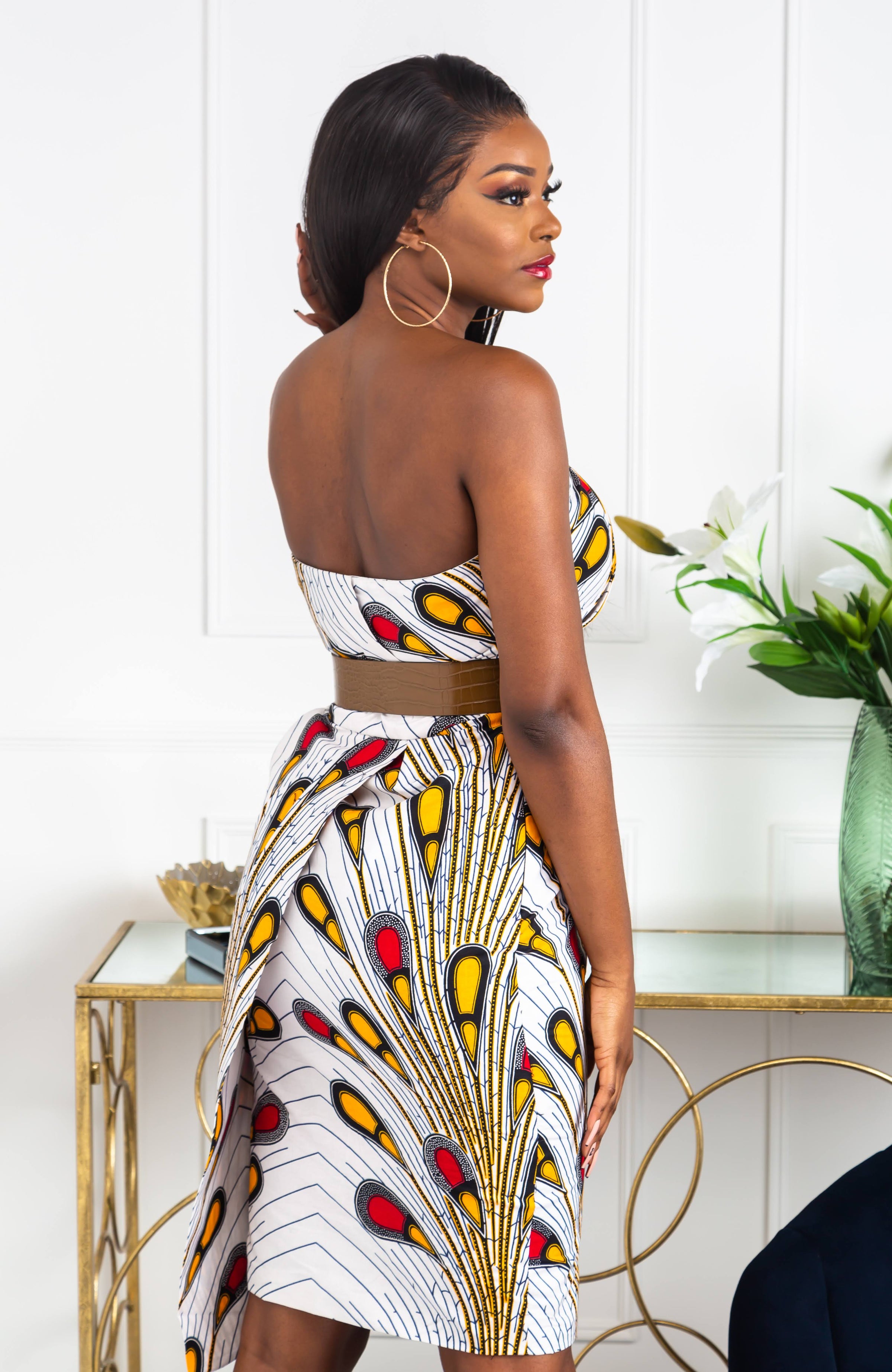 African Print Asymmetric Tube Fold Over Strapless Midi Dress - PAMELA