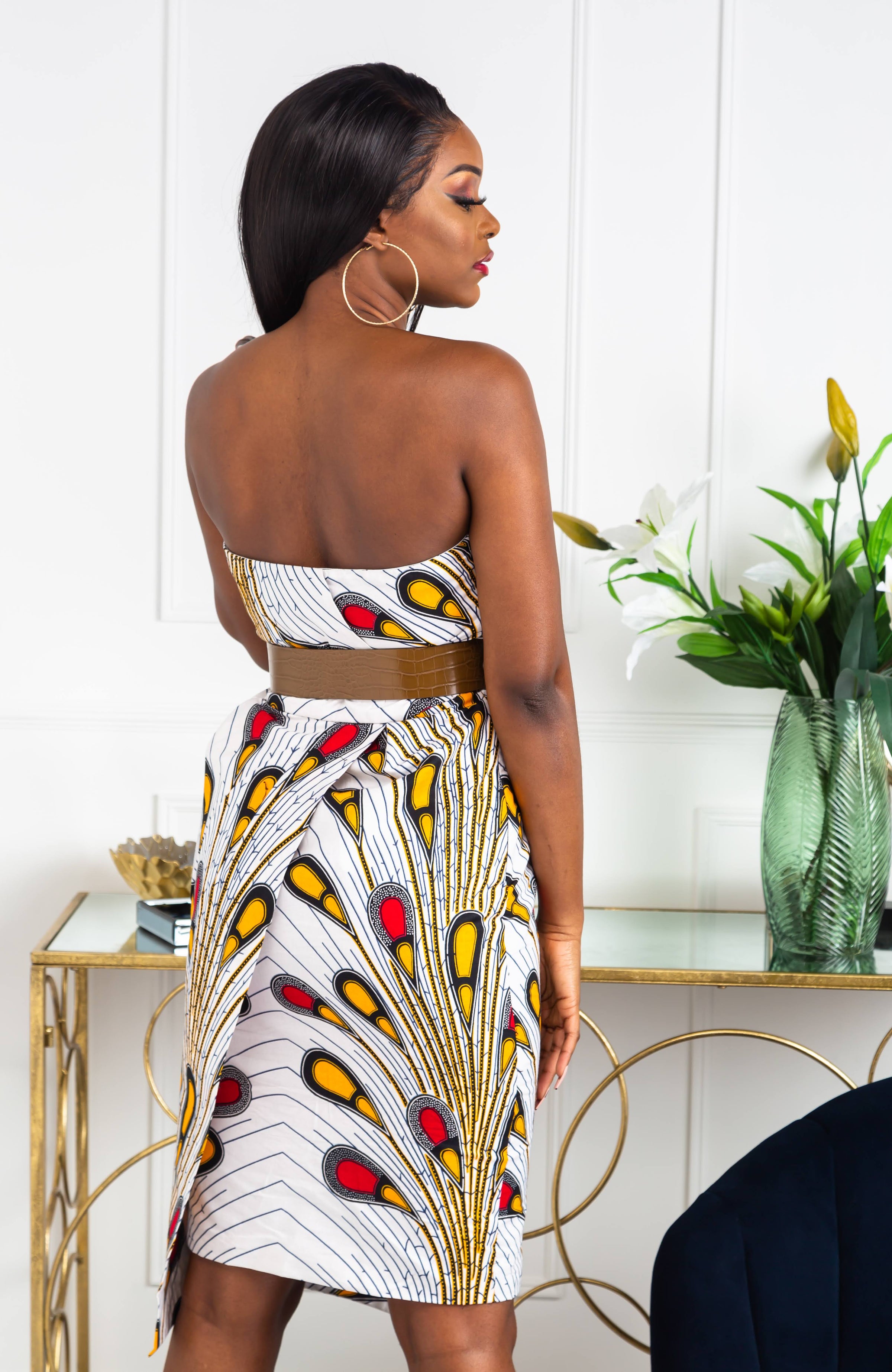 African Print Asymmetric Tube Fold Over Strapless Midi Dress - PAMELA