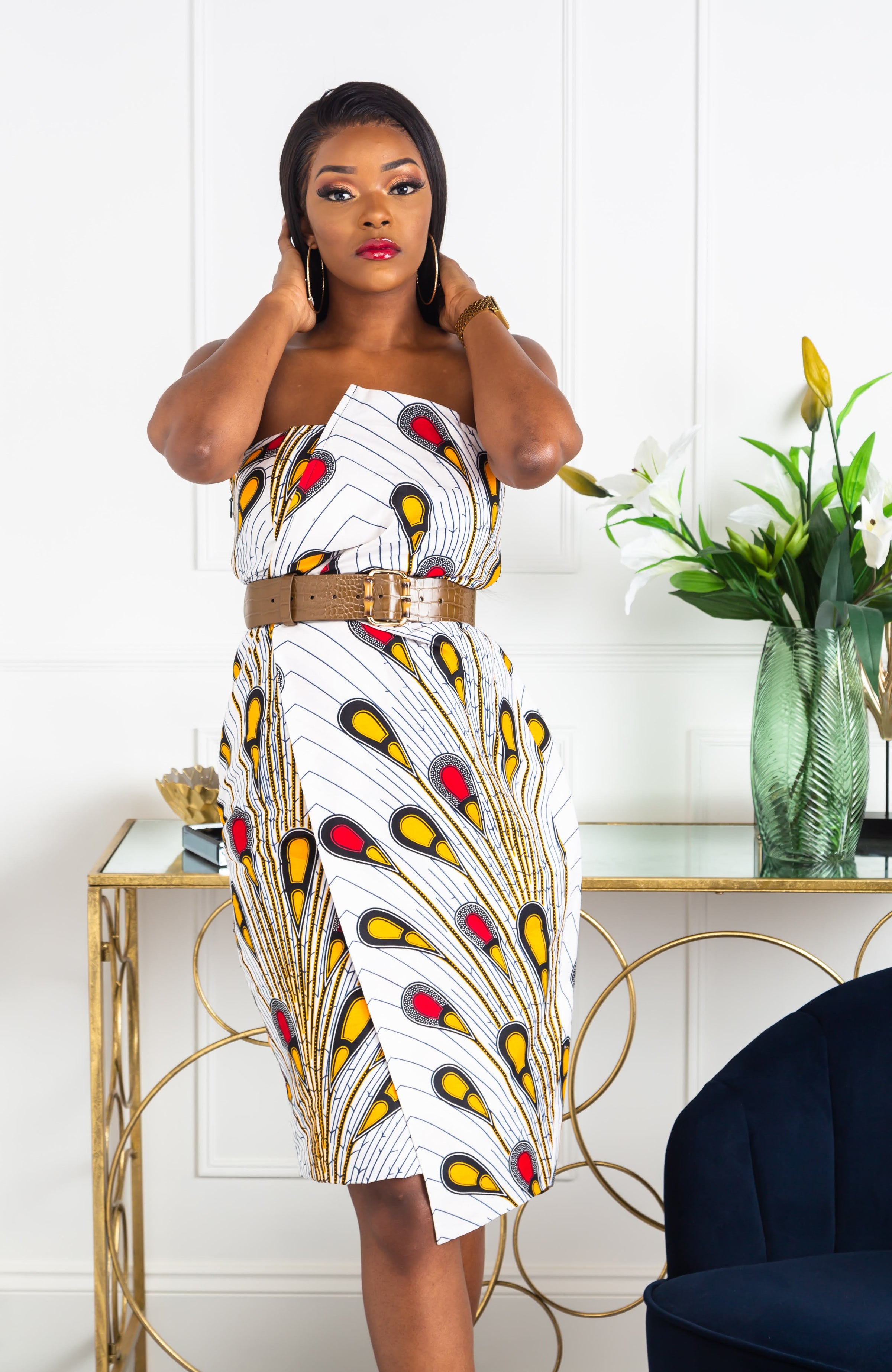 African Print Asymmetric Tube Fold Over Strapless Midi Dress - PAMELA